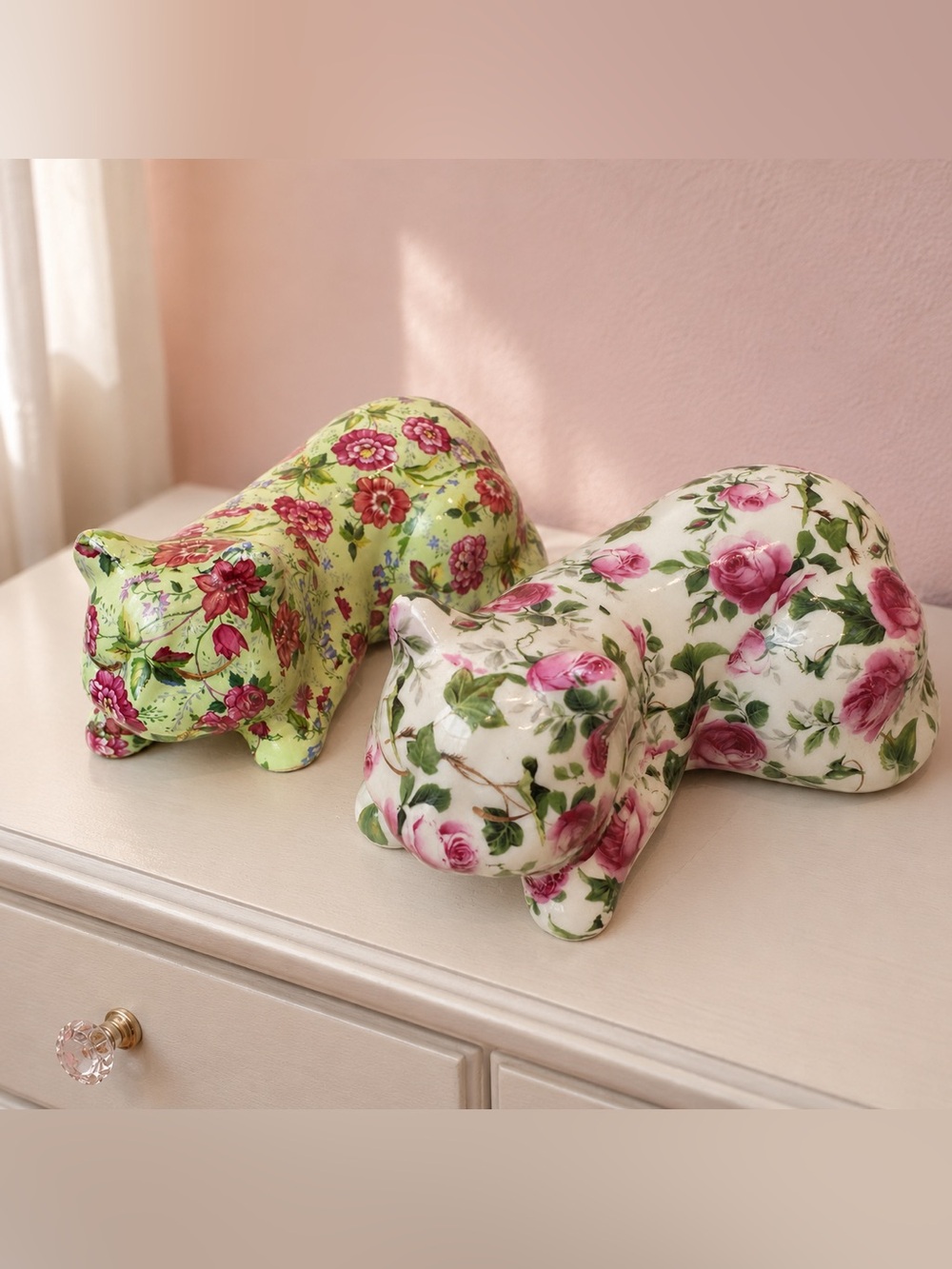Formations Floral Ceramic Cat Statues - Pink & Green